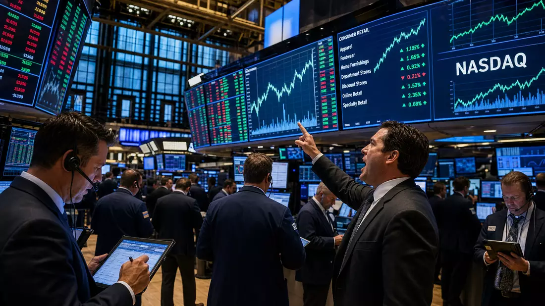 Editorial-Aufnahme des NASDAQ-Handelsraums mit Bildschirmen zu Konsum- und Einzelhandelscharts