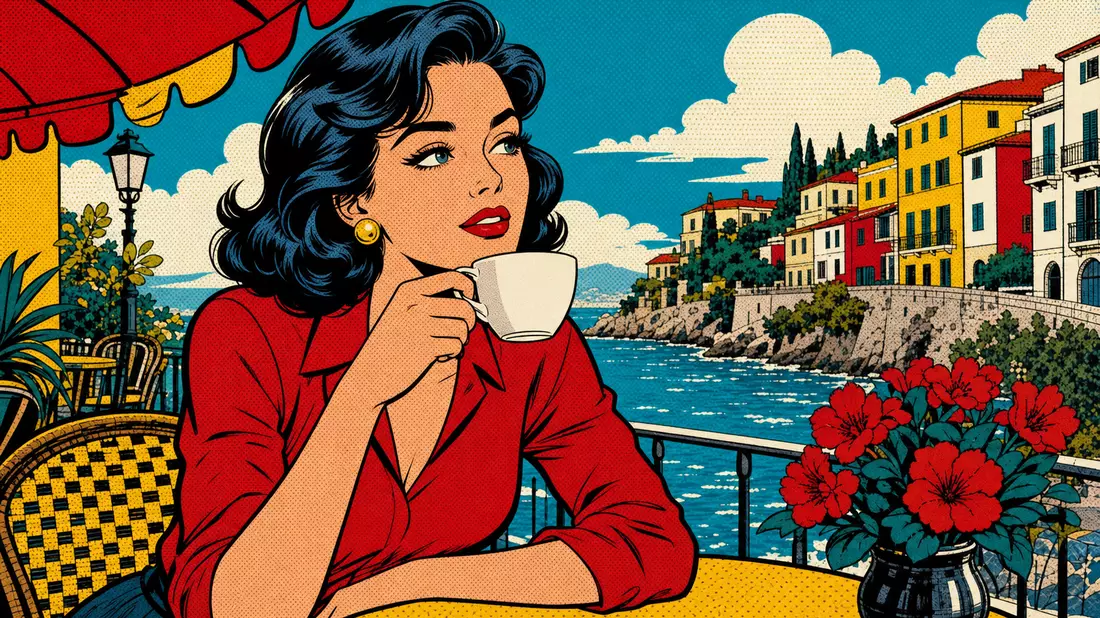 Pop-Art-Comic-Illustration einer Frau mit weißer Kaffeetasse an einer mediterranen Küste