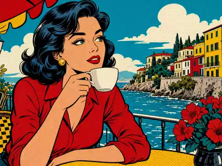 Starbucks Corp. US8552441094 inszeniert farbenfrohen Pop-Art-Comic mit stilvoller Frau und weißer Kaffeetasse am Meer - Foto: THN