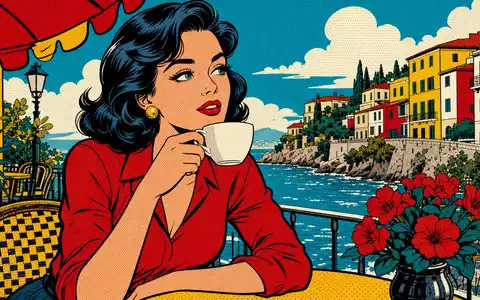 Starbucks Corp. US8552441094 inszeniert farbenfrohen Pop-Art-Comic mit stilvoller Frau und weißer Kaffeetasse am Meer - Foto: THN