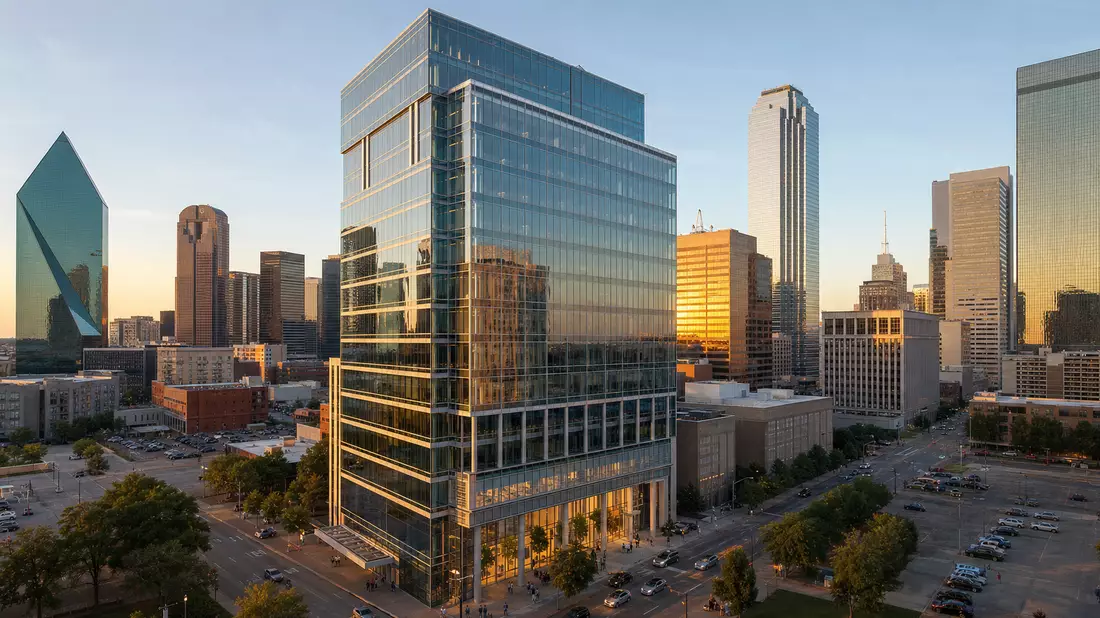 Fotorealistischer Büroturm in Dallas TX bei goldenem Abendlicht