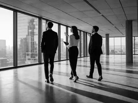 CBRE Group Inc. Immobilienberater besichtigen leerstehende BĂŒroflĂ€che, dokumentarische SchwarzweiĂ-Reportage, ISIN US1252691001 NYSE-Börsennotierung - Foto: THN