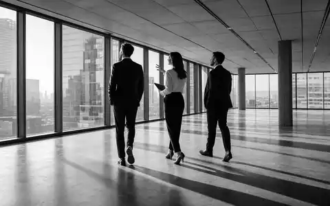 CBRE Group Inc. Immobilienberater besichtigen leerstehende Bürofläche, dokumentarische Schwarzweiß-Reportage, ISIN US1252691001 NYSE-Börsennotierung - Foto: THN