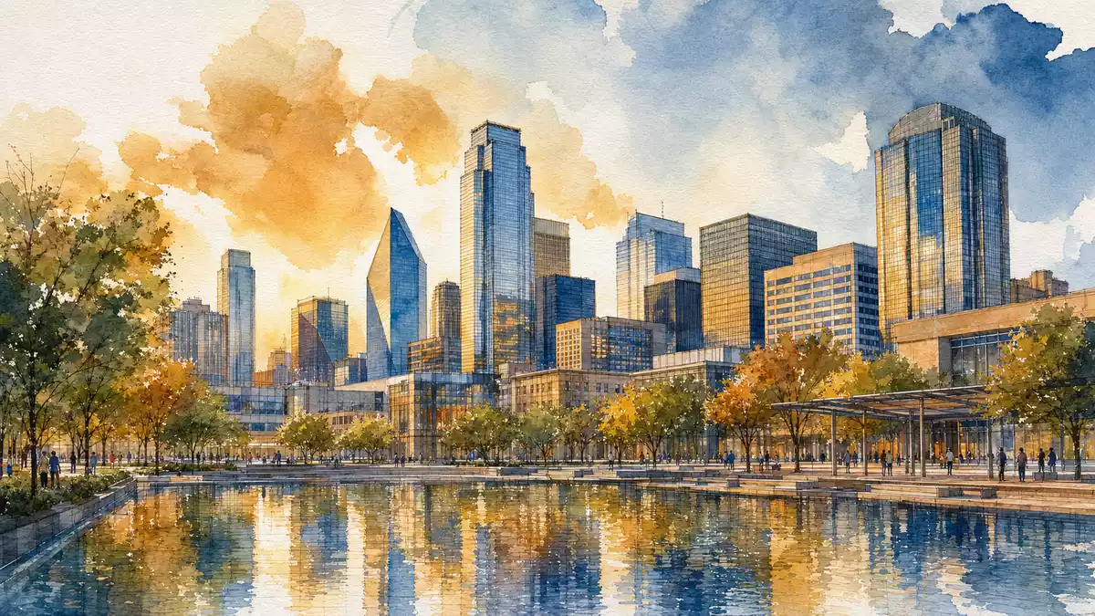 Aquarell der Dallas Skyline mit Wasserreflexionen in Amber und Blau
