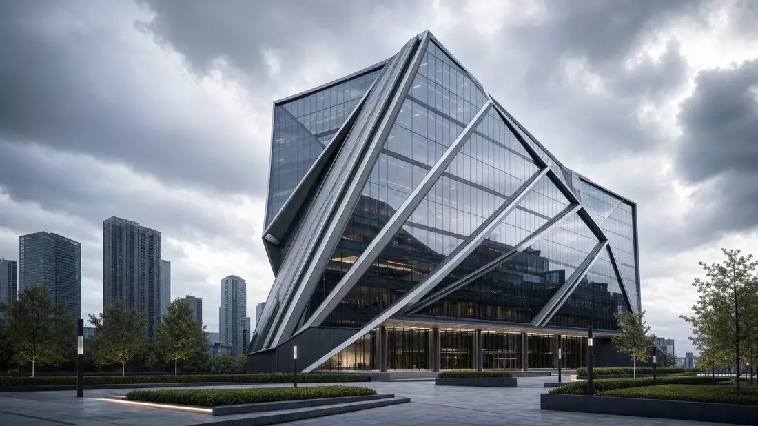 Architektur-CGI eines modernen Büroturms mit Diagonalstruktur unter bewölktem Himmel