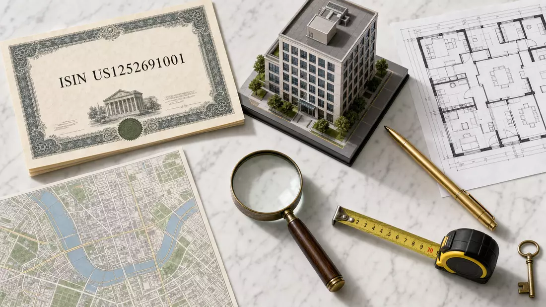 Flatlay mit Aktienzertifikat ISIN US1252691001, Gebäudemodell und Immobilien-Werkzeugen