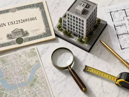 CBRE Group Inc. Wertpapier-Flatlay mit Aktienzertifikat US1252691001, Architekturmodell, Bauplan und Immobilien-Utensilien auf Marmor - Foto: THN