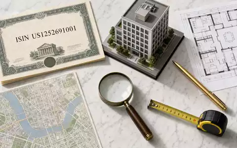 CBRE Group Inc. Wertpapier-Flatlay mit Aktienzertifikat US1252691001, Architekturmodell, Bauplan und Immobilien-Utensilien auf Marmor - Foto: THN