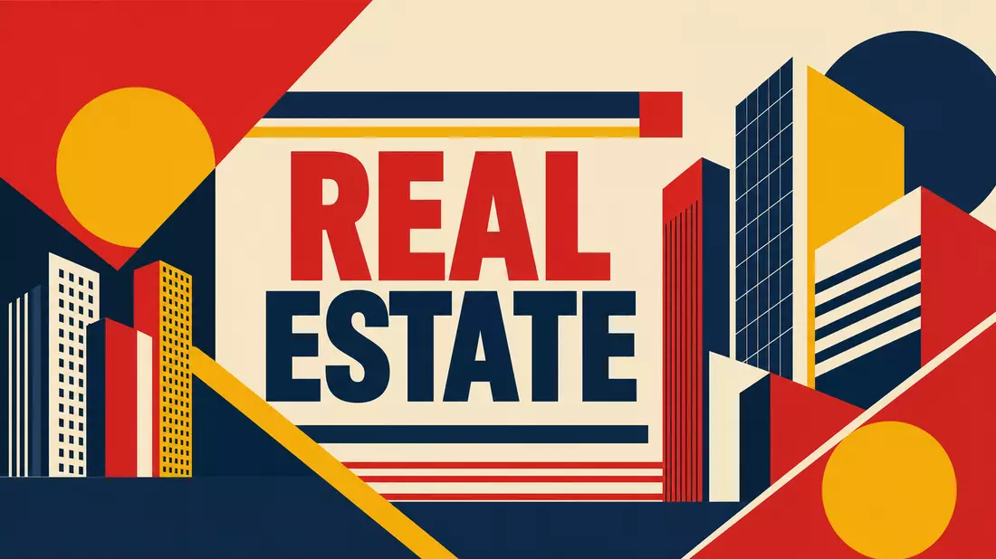 Bauhaus-Poster mit geometrischen Bürohochhäusern und REAL ESTATE Schriftzug