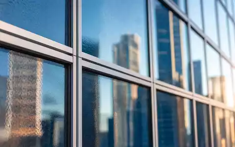CBRE Group Inc. Makro-Detailaufnahme Glasfassade Gewerbeimmobilie, Vorhangfassade mit Stadtspiegelung, US1252691001 Sektor Immobilien - Foto: THN
