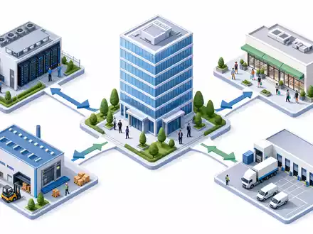 CBRE Group Inc. isometrisches Wertschöpfungsdiagramm: Büroturm, Logistik und Einzelhandel verbunden, ISIN US1252691001 Gewerbeimmobilien-Netzwerk - Foto: THN
