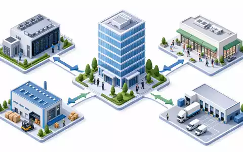 CBRE Group Inc. isometrisches Wertschöpfungsdiagramm: BĂŒroturm, Logistik und Einzelhandel verbunden, ISIN US1252691001 Gewerbeimmobilien-Netzwerk - Foto: THN