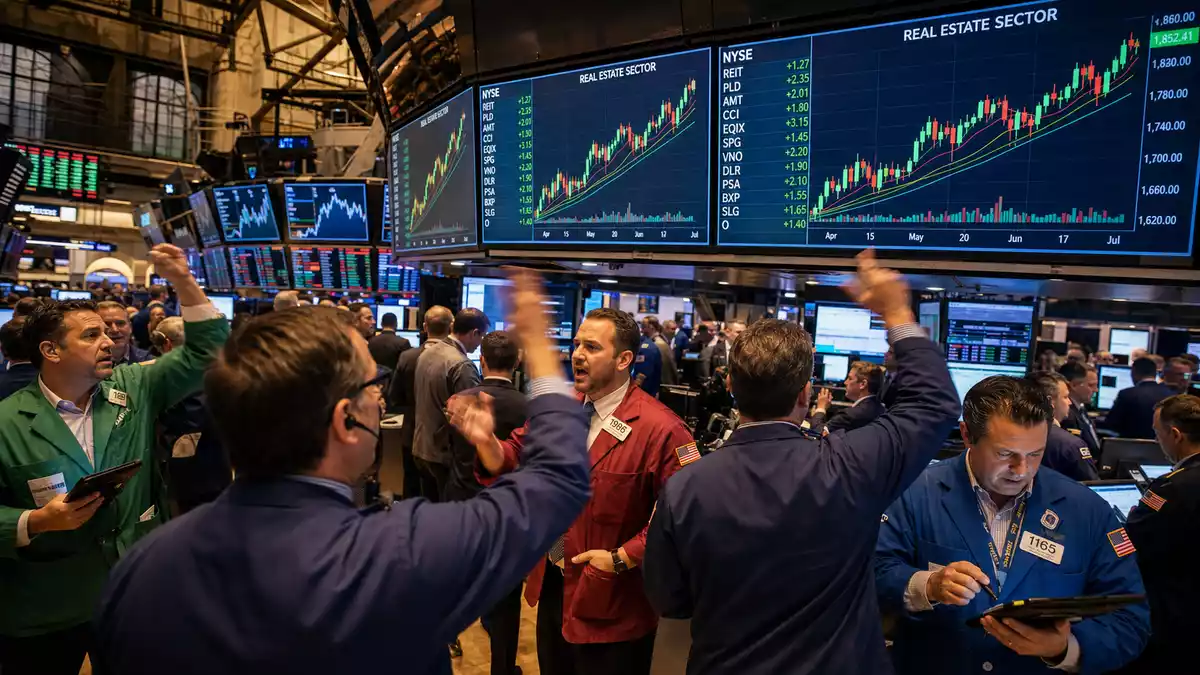 NYSE Trading Floor mit Immobilien-Sektor-Charts auf Bildschirmen und aktiven Brokern