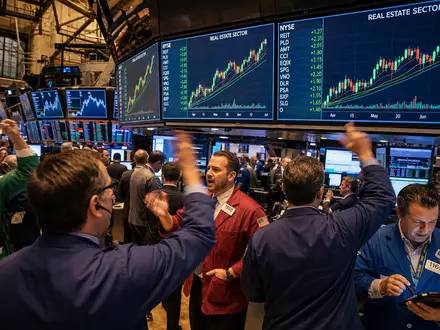 CBRE Group Inc. NYSE-Handelsparkett mit Real-Estate-Sektor-Charts, US1252691001 Börsenumsätze, Broker in farbigen Jacken aktiv - Foto: THN