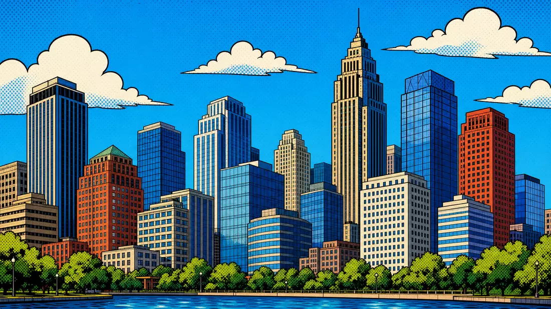 Pop-Art-Comic Stadtpanorama mit Bürotürmen in kräftigen Primärfarben und Halbtonpunkten
