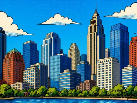 CBRE Group Inc. Gewerbeimmobilien als Pop-Art-Comic, US1252691001 stilisierte Bürotürme in Primärfarben, Halbtonmuster Stadtpanorama - Foto: THN