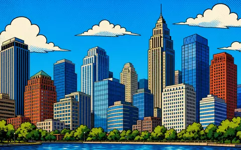 CBRE Group Inc. Gewerbeimmobilien als Pop-Art-Comic, US1252691001 stilisierte Bürotürme in Primärfarben, Halbtonmuster Stadtpanorama - Foto: THN