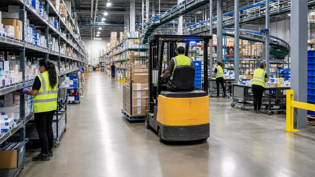 Fotorealistisches Pharma-Distributionslager mit Gabelstapler und Mitarbeitern in Dublin Ohio
