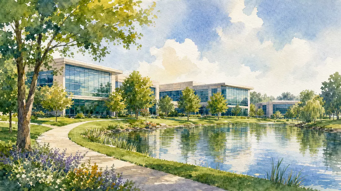 Aquarellbild eines modernen Unternehmenskampus mit Teich und Glasgebäuden in Dublin Ohio