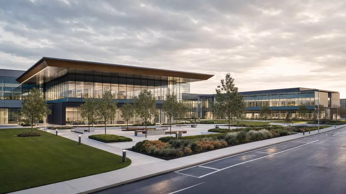 CGI-Render moderner Unternehmensgebäude mit Glasfassade und Außenanlage in Dublin Ohio
