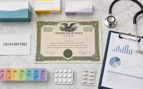 Flatlay mit Aktienzertifikat und Medizinprodukten für Cardinal Health Inc. – ISIN US14149Y1082 - Foto: THN