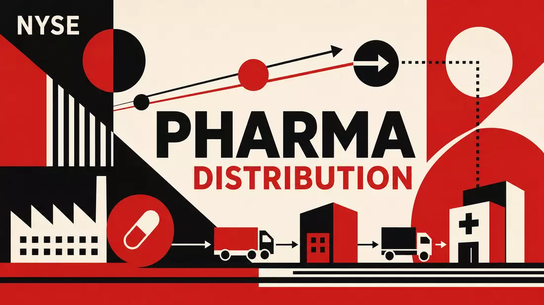 Geometrisches Bauhaus-Poster mit Text PHARMA DISTRIBUTION in Rot und Schwarz