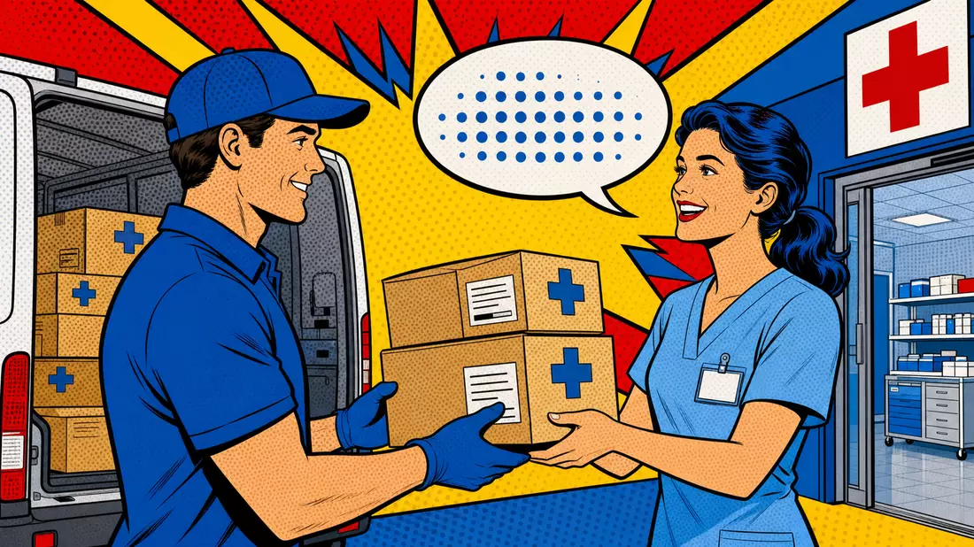 Farbenfroher Pop-Art-Comic mit Fahrer und Pflegerin beim Übergeben von Medizinpaketen