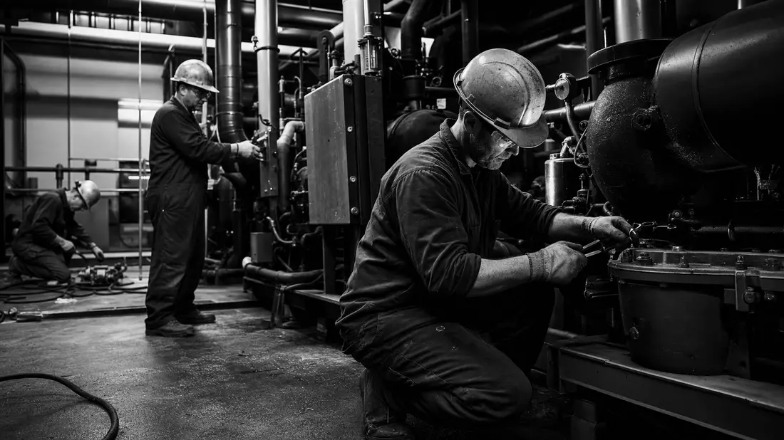 Schwarzweiß-Reportage: Techniker warten Kälteanlagen in einer Industriehalle