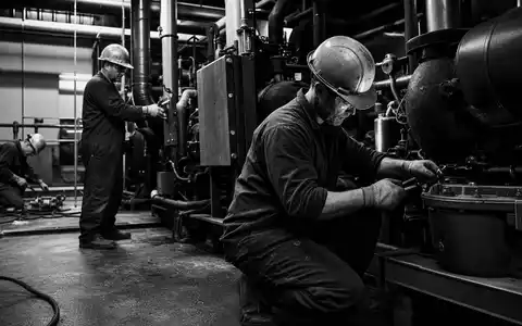 Carrier Global Corp. US1442851009 – Schwarzweiß-Reportage zeigt Kältetechniker bei der Wartung industrieller Kälteanlagen - Foto: THN
