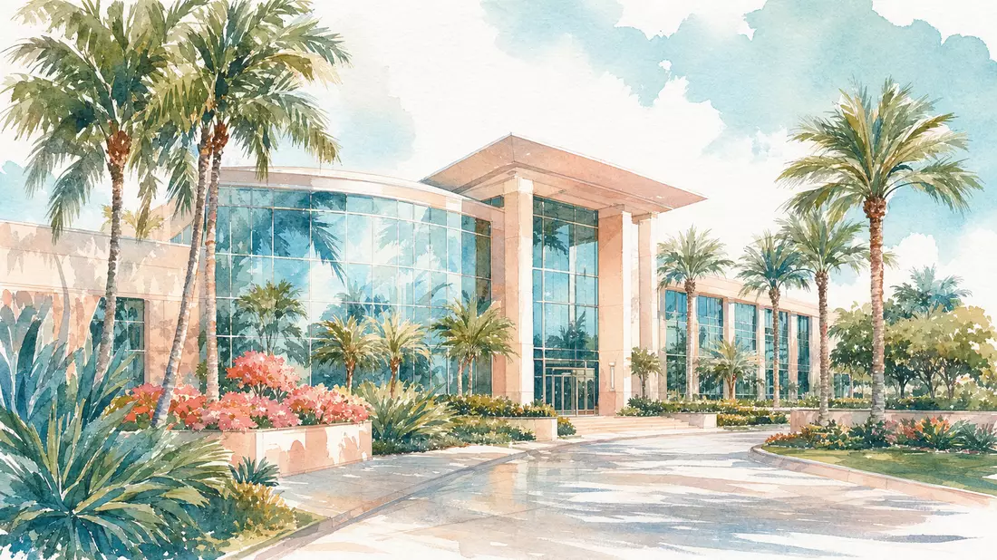 Aquarell-Illustration: Firmengebäude mit Palmen in Palm Beach, Florida