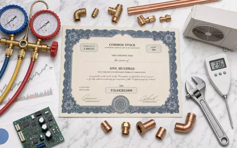 Carrier Global Corp. US1442851009 – Flatlay mit Aktienzertifikat, Druckmanometer, Kupferleitungen und HVAC-Werkzeug - Foto: THN
