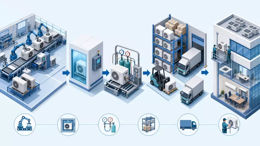 Isometrische 3D-Illustration: HVAC-Wertschöpfungskette von Produktion bis Installation