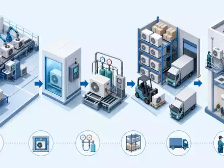 Carrier Global Corp. US1442851009 – Wertschöpfungskette der globalen Klimatechnik als isometrisches 3D-Prozessdiagramm - Foto: THN