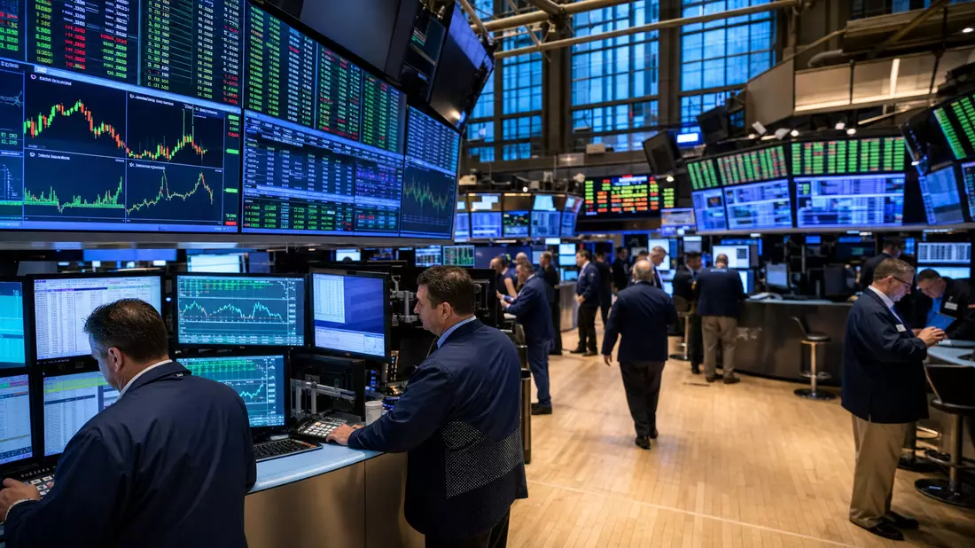 NYSE-Handelsparkett mit Händlern und HVAC-Sektorkursen auf großen Anzeigetafeln