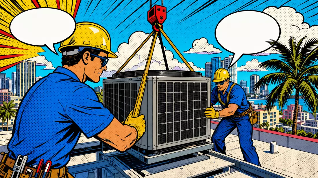 Pop-Art-Comic: Klimatechniker montieren AC-Gerät auf Hochhausdach vor Florida-Skyline