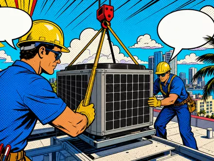 Carrier Global Corp. US1442851009 – Pop-Art-Comic zeigt Klimatechniker bei der Dachinstallation in Florida-Metropole - Foto: THN