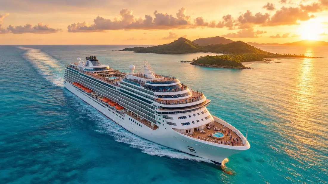 Großes Kreuzfahrtschiff auf karibischem Meer bei Sonnenuntergang, Luftperspektive