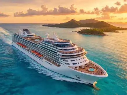 Carnival Corp. Kreuzfahrtschiff segelt bei Sonnenuntergang durch türkisfarbenes karibisches Wasser, ISIN US1436583006 - Foto: THN
