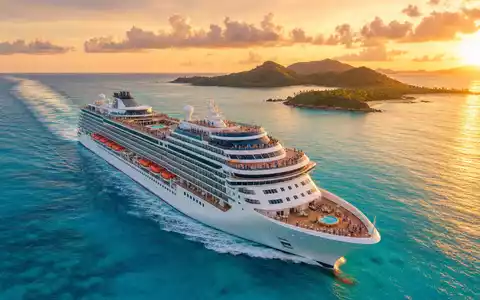 Carnival Corp. Kreuzfahrtschiff segelt bei Sonnenuntergang durch türkisfarbenes karibisches Wasser, ISIN US1436583006 - Foto: THN