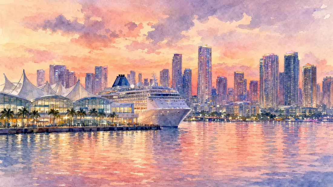 Aquarell des Hafens von Miami bei Dämmerung mit Kreuzfahrtschiff und Skyline