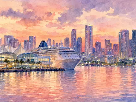 Carnival Corp. Kreuzfahrtterminal Miami als Aquarell, Abendhimmel über Biscayne Bay, ISIN US1436583006 - Foto: THN