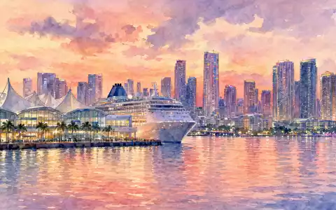 Carnival Corp. Kreuzfahrtterminal Miami als Aquarell, Abendhimmel über Biscayne Bay, ISIN US1436583006 - Foto: THN