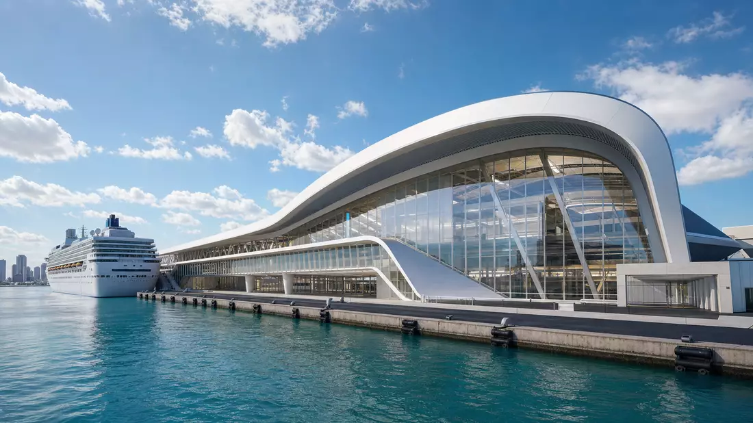 Architektur-CGI-Render eines modernen Kreuzfahrtterminals mit geschwungenem Dach