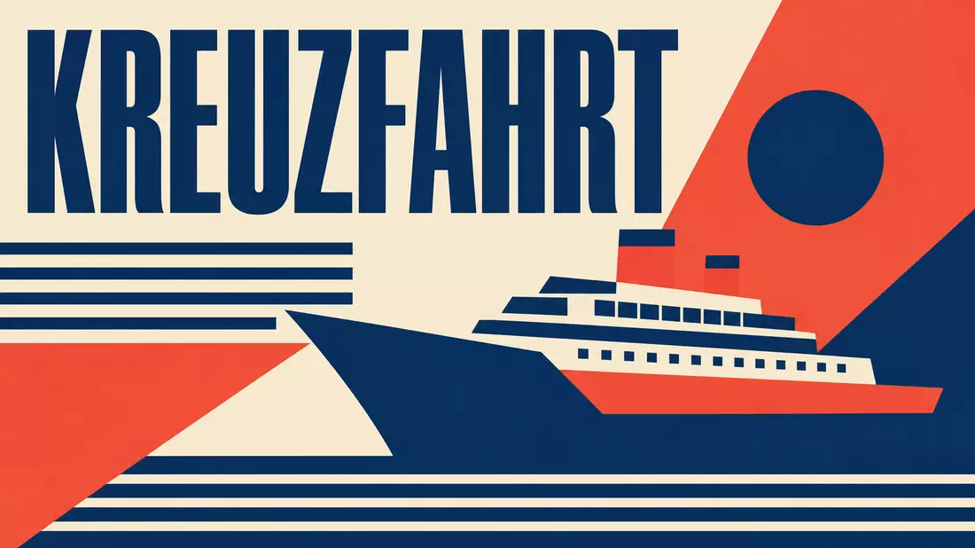 Geometrisches Bauhaus-Poster mit Kreuzfahrtschiff-Silhouette und Text KREUZFAHRT
