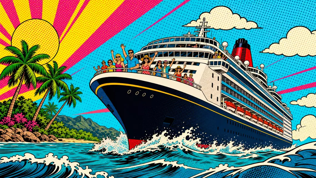 Buntes Pop-Art-Comic-Bild eines Kreuzfahrtschiffs mit winkenden Touristen auf tropischem Meer