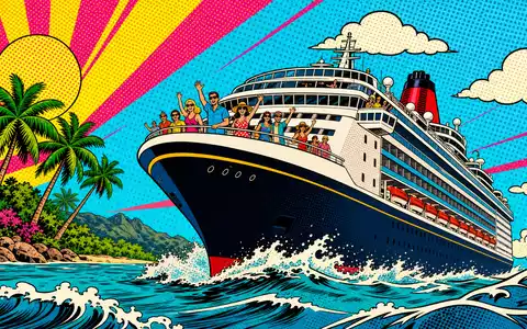 Carnival Corp. Kreuzfahrtschiff als leuchtend bunte Pop-Art-Comic-Illustration auf tropischen Karibikwellen, ISIN US1436583006 - Foto: THN