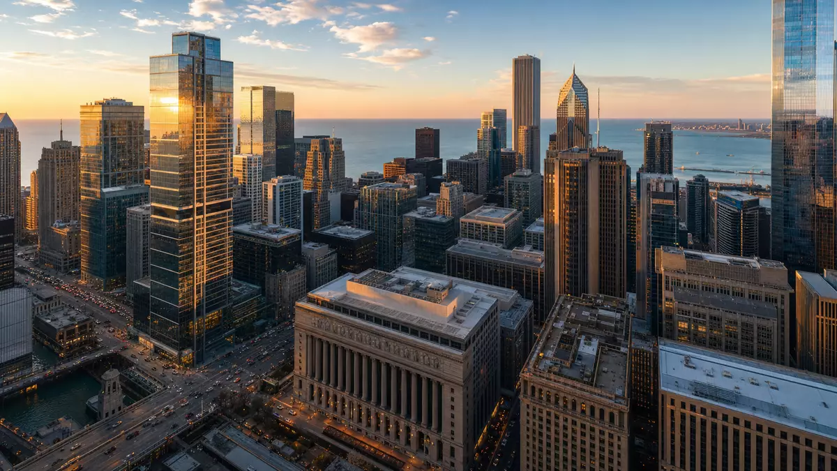 Fotorealistisches Chicago-Skyline-Panorama mit Finanzdistrikttürmen bei Sonnenuntergang