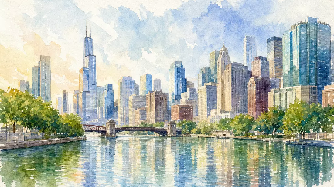Aquarellmalerei der Chicago-Skyline mit Fluss und Brücke in Pastelltönen