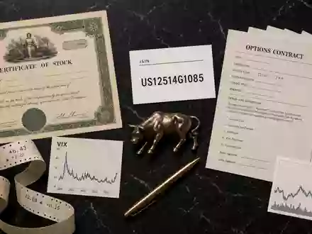 Cboe Global Markets Flatlay mit Aktienzertifikat, ISIN Karte US12514G1085, VIX Chart und Optionskontrakten dargestellt - Foto: THN