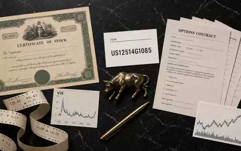 Cboe Global Markets Flatlay mit Aktienzertifikat, ISIN Karte US12514G1085, VIX Chart und Optionskontrakten dargestellt - Foto: THN